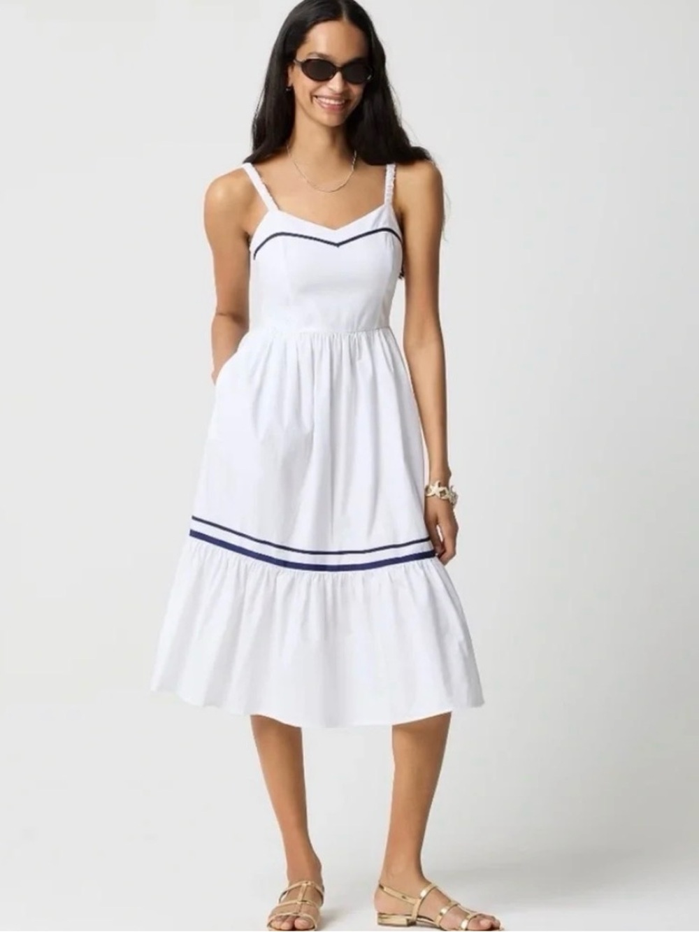 J. Crew Factory White Maxi Sundress with Navy Trim - Size 6, Like New